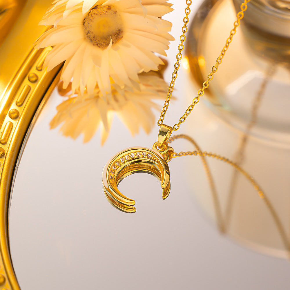 Women's Gold-Plated Titanium Steel Moon Pendant Necklace with Micro Zircon
