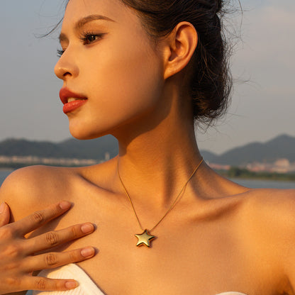 Collar Con Aretes Con Anillo De Estrella De Cinco Puntas Convexo Pulido 