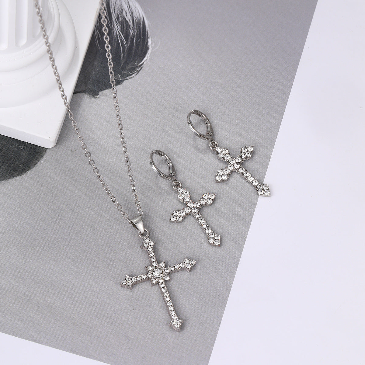 Rhinestone Cross Necklace & Earring Set