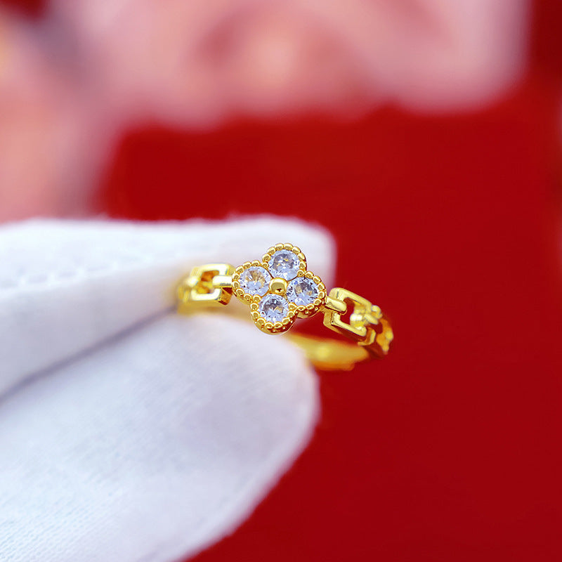 Adjustable Korean Four-Leaf Clover Zircon Flower Ring