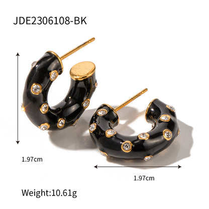 Black oil drop diamond C-shaped earrings