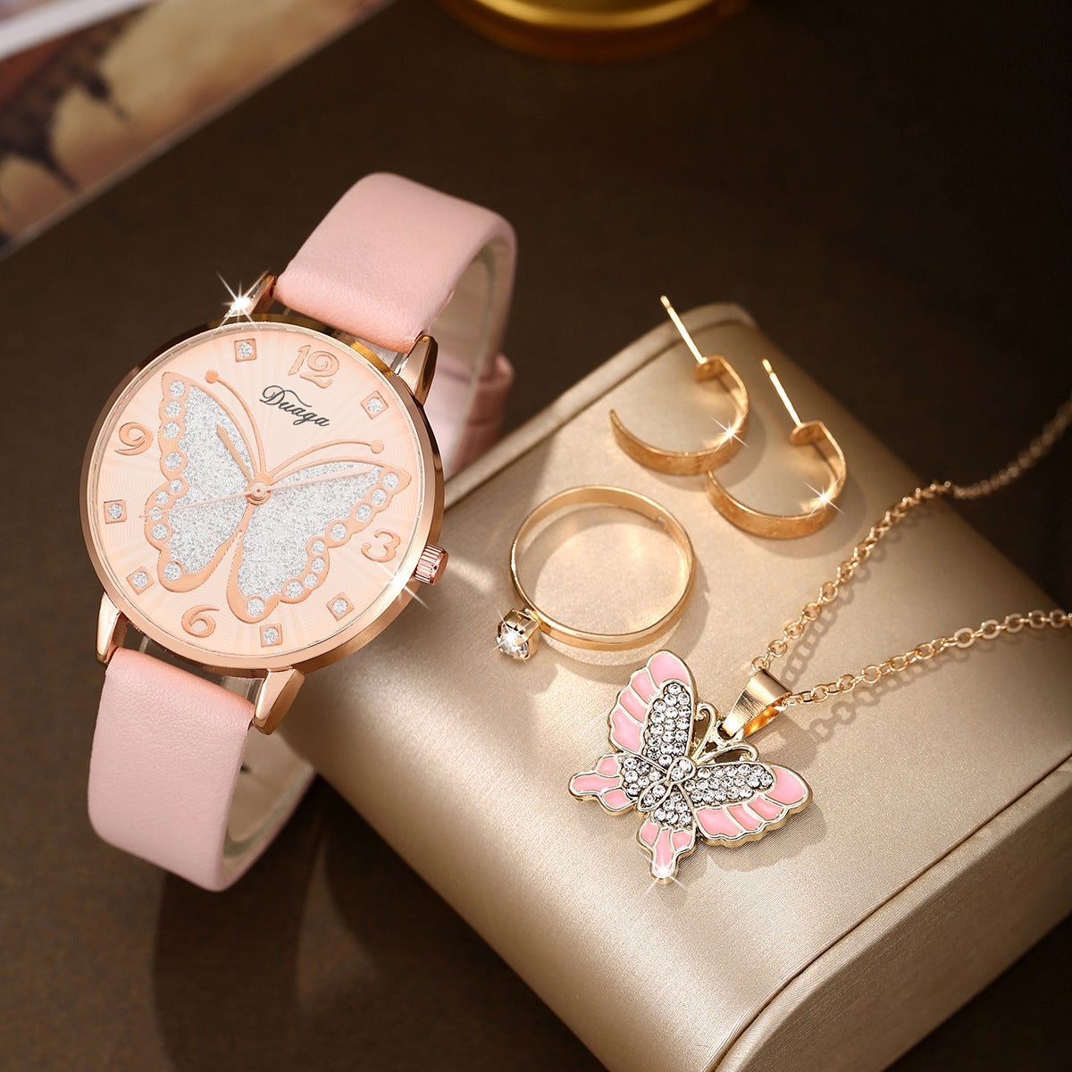 Rose Gold Diamond Butterfly Watch Pearl Jewelry Set
