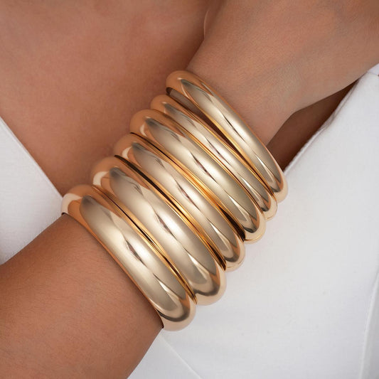 Gold Wide-Face Bangle Bracelet Set