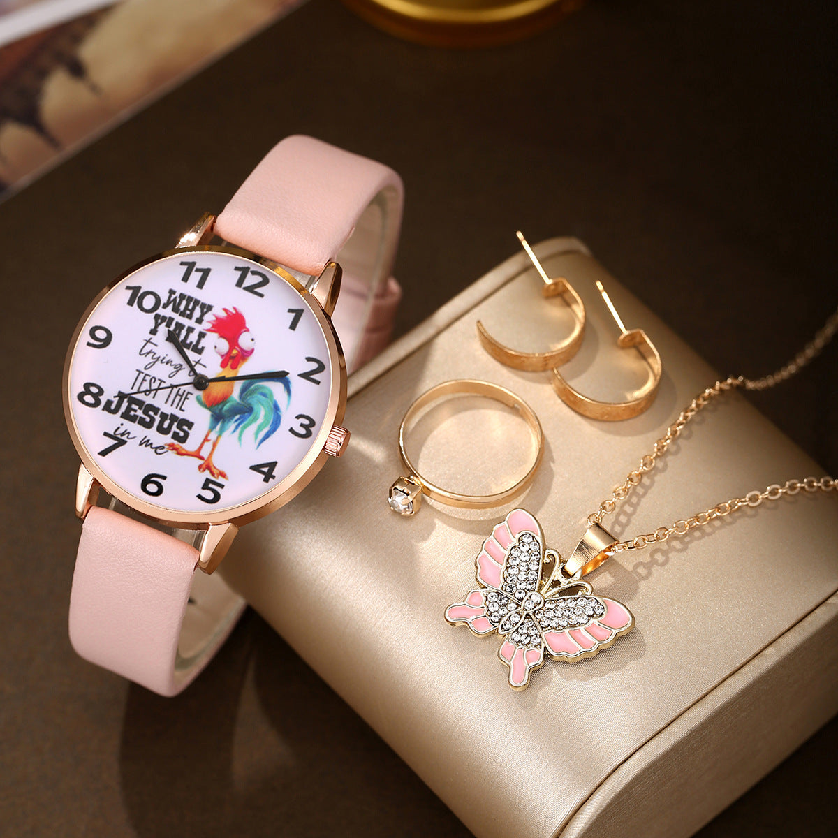 Quartz Wrist Watch Pearl Butterfly Jewelry Set