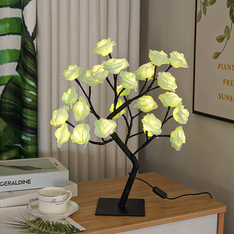 Luz nocturna de decoración de lámpara de árbol de rosas de simulación LED con interruptor USB 
