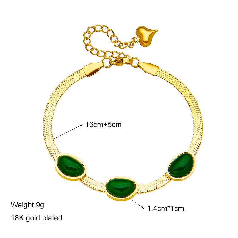 Pulsera de acero y titanio con piedras preciosas verdes estilo vintage 