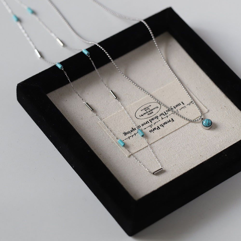 Handmade Korean Mint Blue Tube-Bead Imitation Turquoise Layered Collarbone Necklace