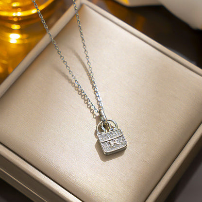 H Letter Bag Pendant Necklace, Titanium Steel, Full Rhinestones