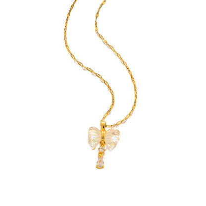 Elegante colar de aço titânio com borboleta branca 