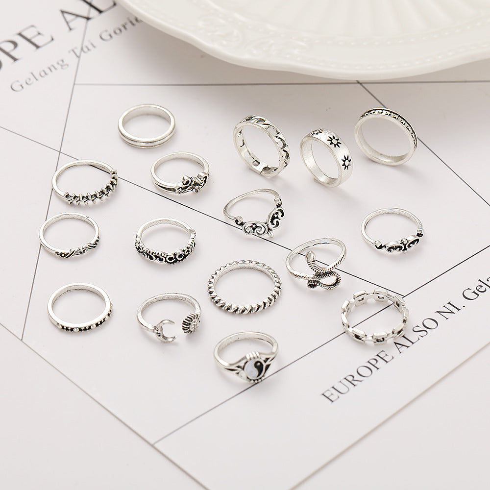 15-Piece Retro Tai Chi & Snake Ring Set