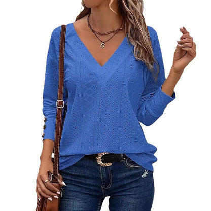 V-Neck Shoulder Long Sleeve Button T-Shirt