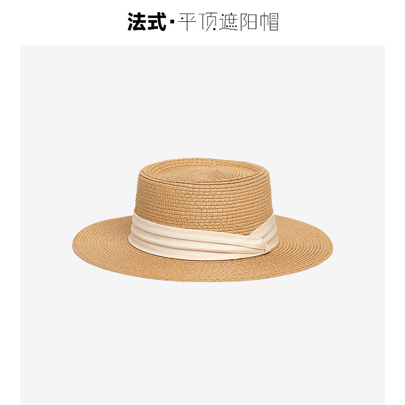 Flat-Top Straw Hat French-Style Summer Wide-Brim Sun Hat