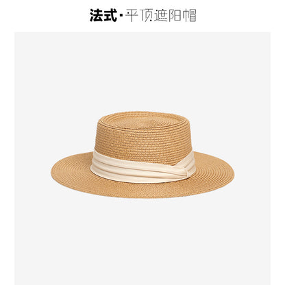 Flat-Top Straw Hat French-Style Summer Wide-Brim Sun Hat