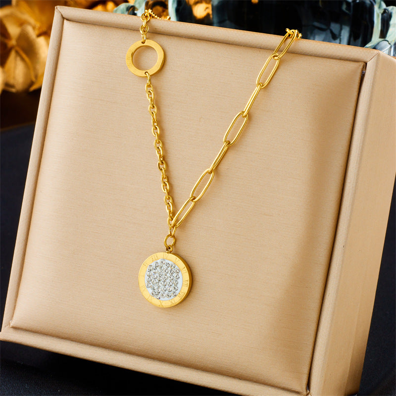 Women's 18K Gold-Plated Titanium Steel Roman Numeral Necklace with Diamond Accents