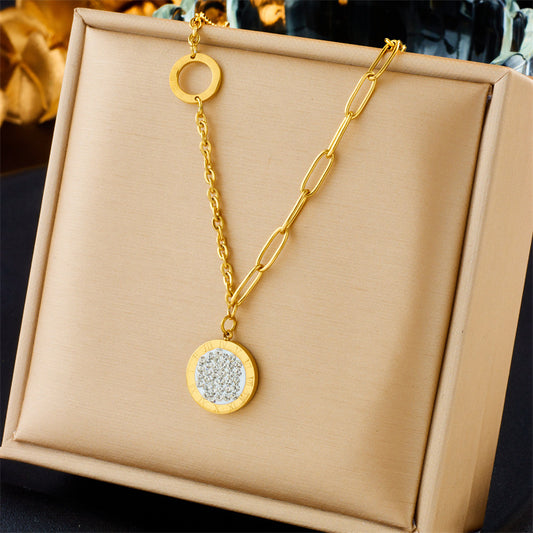 Women's 18K Gold-Plated Titanium Steel Roman Numeral Necklace with Diamond Accents