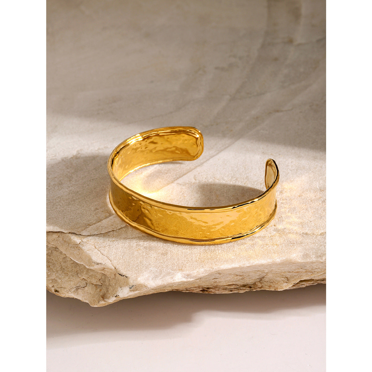 18k gold stainless steel wide hammered bracelet