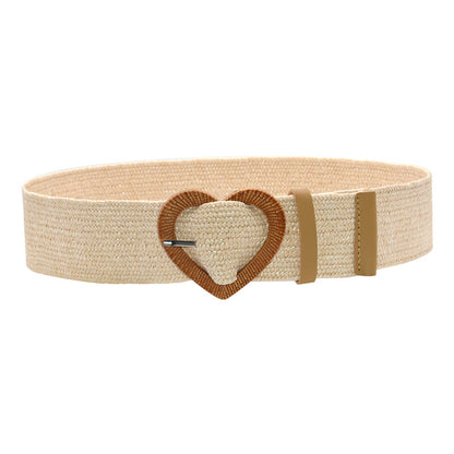 Heart-shaped wooden buckle pp grass woven elastic belt