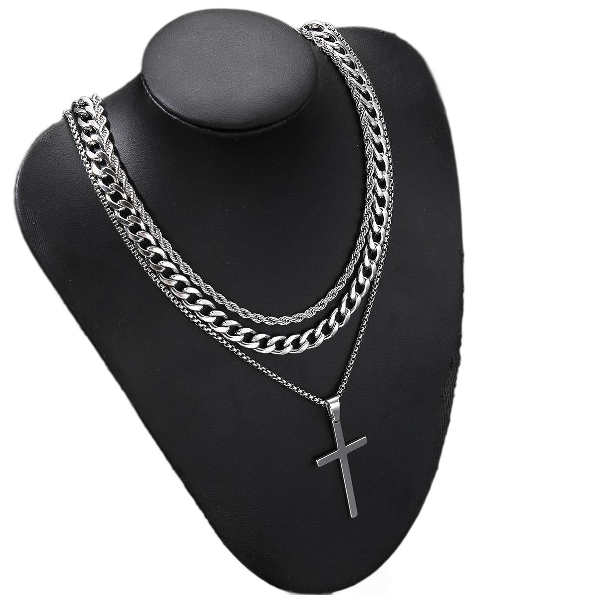 Stainless Steel Cross Pendant Layered Necklace