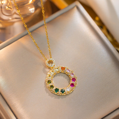 Colorful Zircon Donut Necklace, Stainless Steel Pendant