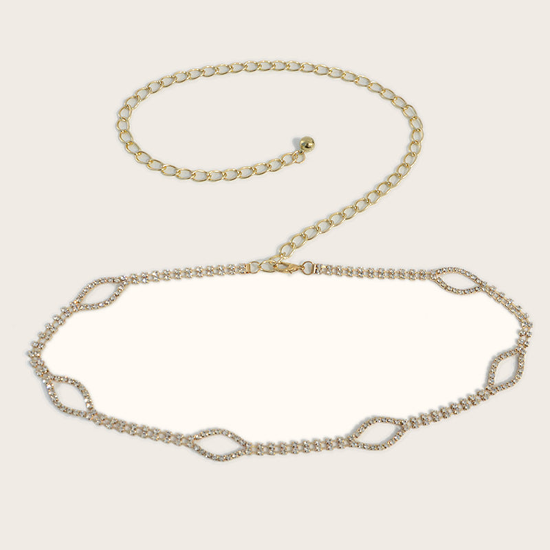 Double row rhinestone inlaid waist chain