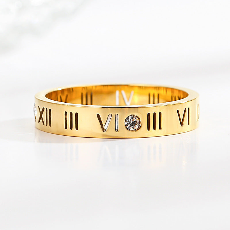 18K Gold-Plated Titanium Steel Roman Ring with Four Diamonds — Anti-Fade