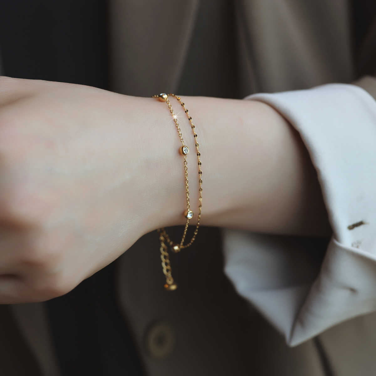 Women's Korean Double-Layer Diamond-Style Bracelet — 18K Gold-Plated, Water-Resistant