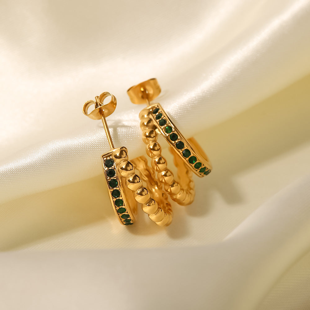 C-shaped double-layer green diamond earrings