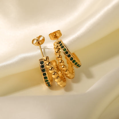 C-shaped double-layer green diamond earrings
