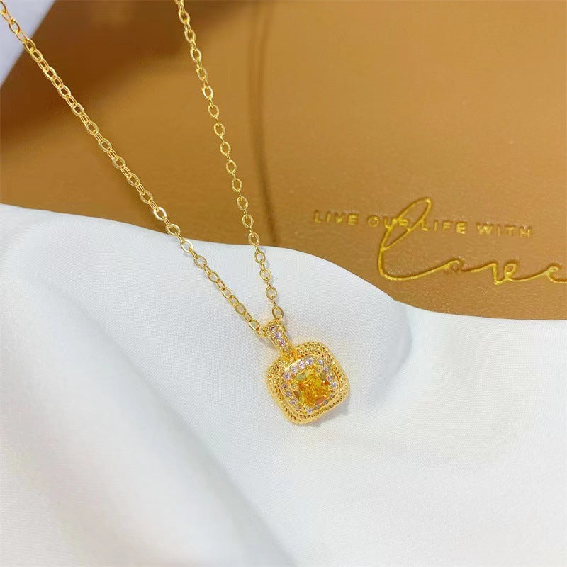 Women's 18K Gold-Plated Yellow Cube Ring Pendant Necklace — Anti-Fade Collarbone Chain