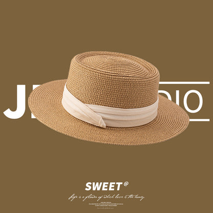 Adjustable Flat Top Hat French Weave Summer Wide Brim Sun