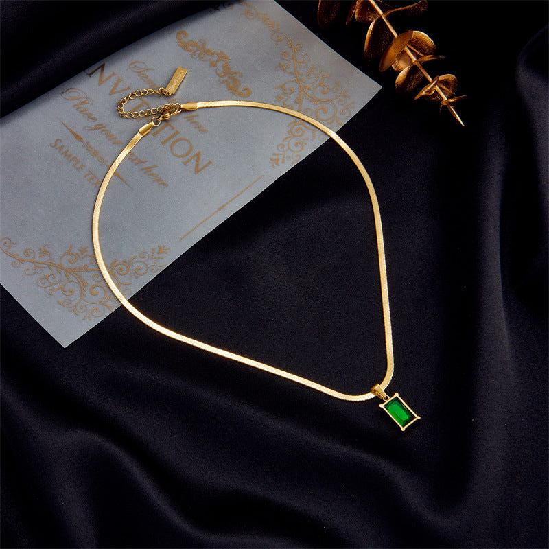 Minimalist Green Rectangular Gem Pendant Titanium Steel Snake Chain