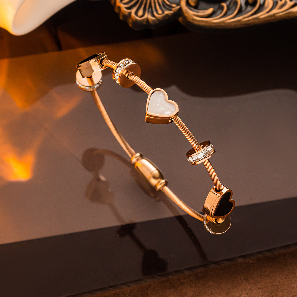 Titanium Steel Bracelet Women Double Heart Zirconia Gold Color Korean