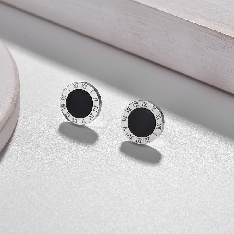 Round black Roman numerals stud earrings