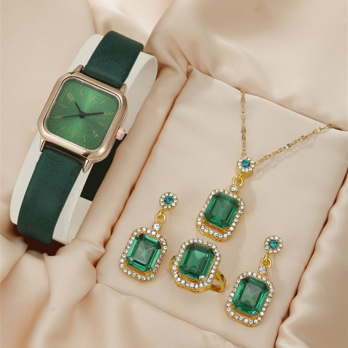 Square Watch Necklace Earrings Ring Set