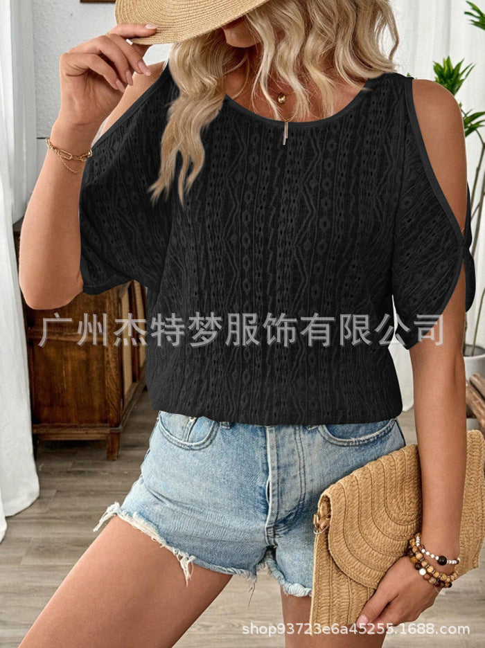 Solid color off-the-shoulder hollow bat sleeve T-shirt