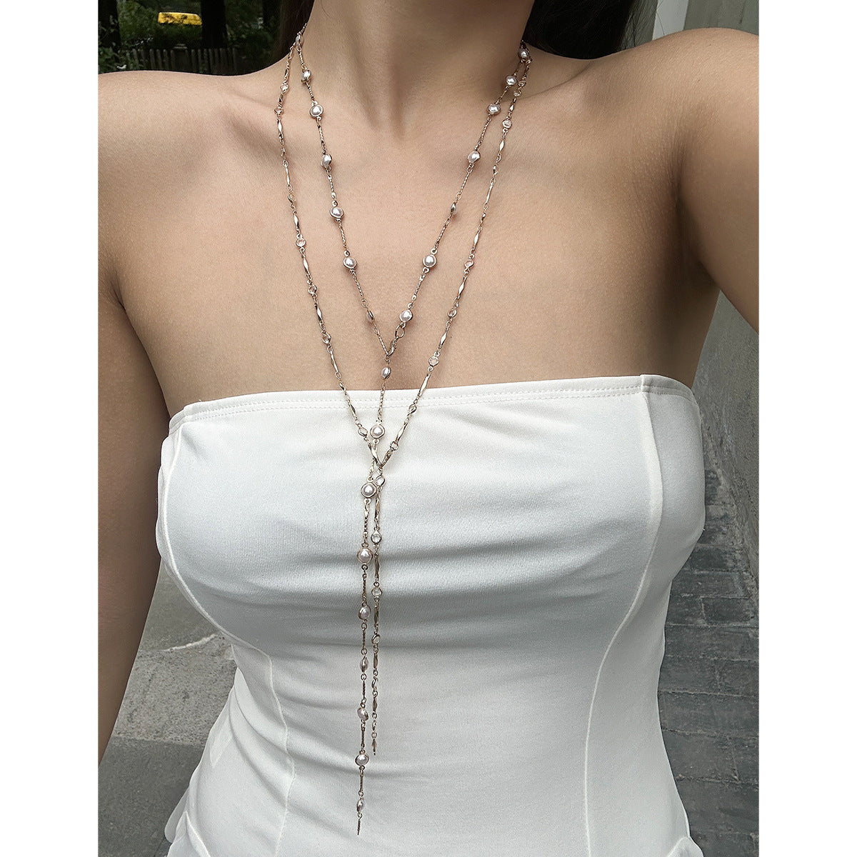Fashion crystal y-shaped copper chain necklace