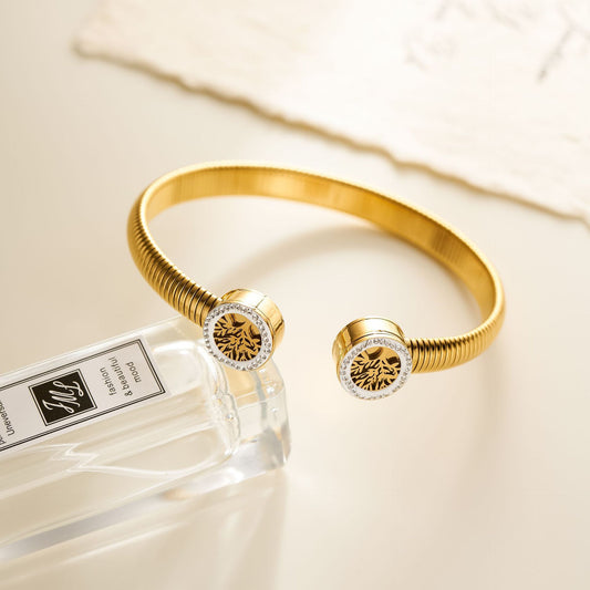Titanium Steel 18K Gold-Plated Fortune Tree Diamond Hinged Bracelet