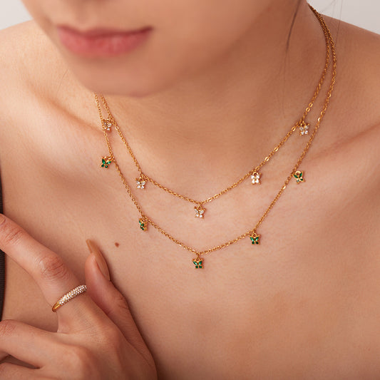 Green/White Zirconia Butterfly Charm Necklace