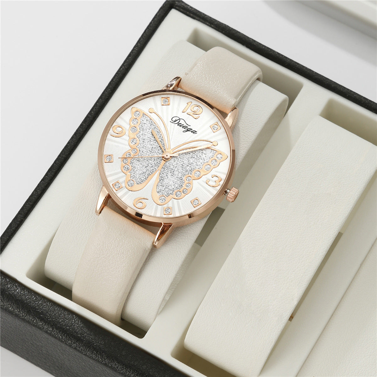 Rose Gold Diamond Butterfly Watch Pearl Jewelry Set