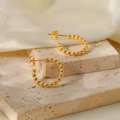 Gold round bead C-shaped earrings