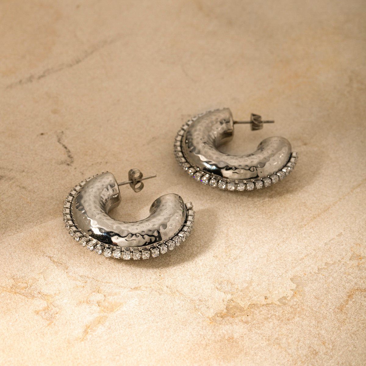 Hammered White Diamond C-Shaped Earrings