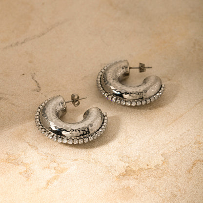 Hammered White Diamond C-Shaped Earrings