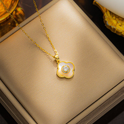 Colar elegante de trevo de quatro folhas, aço titânio com strass completo 