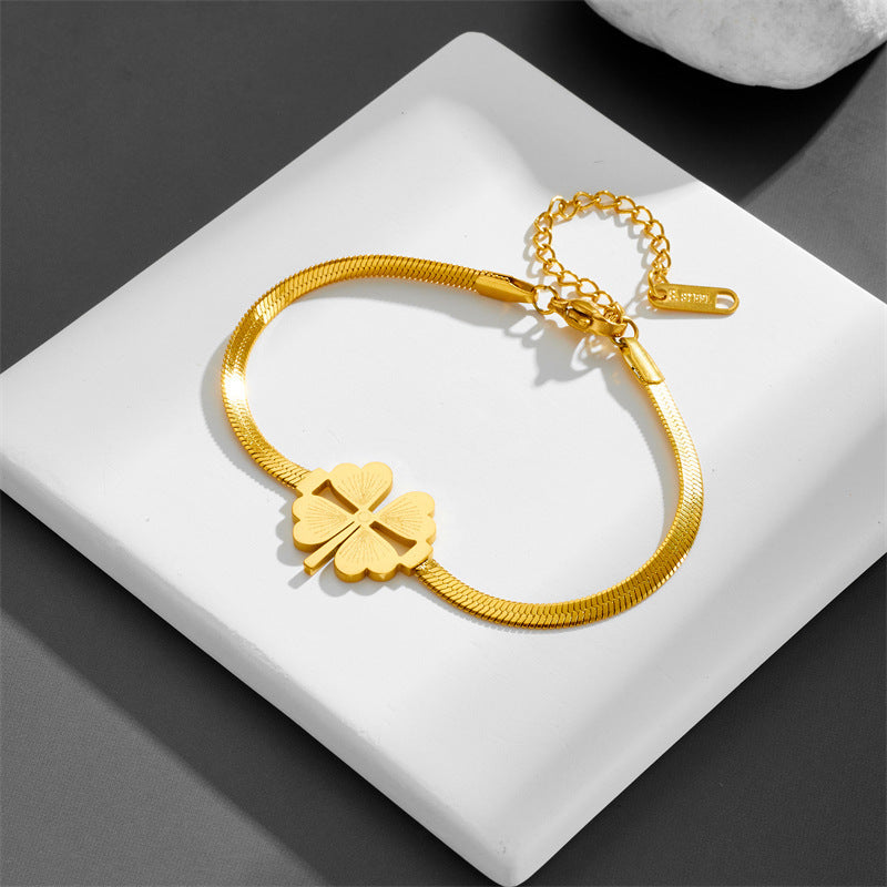 Women's Titanium-Steel Snake Chain Bracelet with Four-Leaf Clover Charm