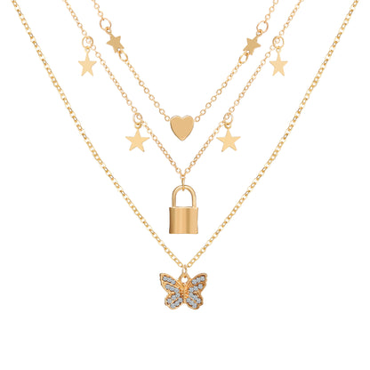 Gold Diamond Butterfly Pendant Necklace Creative Stacking