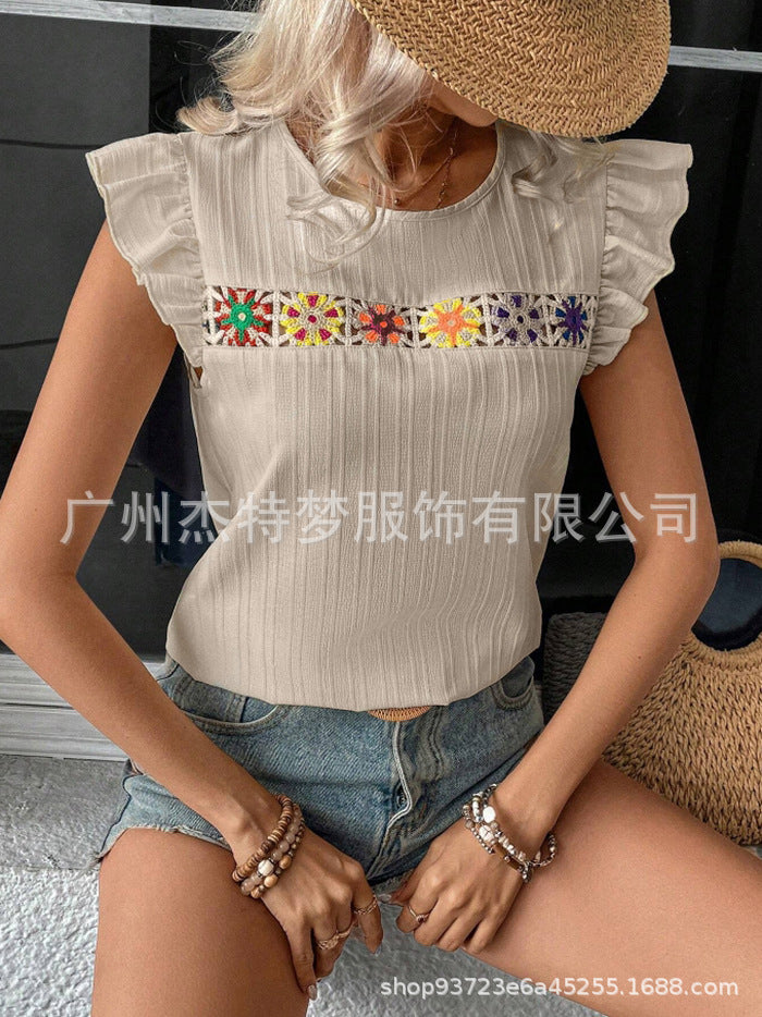 Hollow Lace Short Sleeve Shirt Top