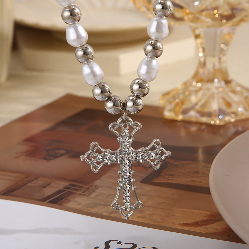 Pearl Dark Cross Pendant Necklace