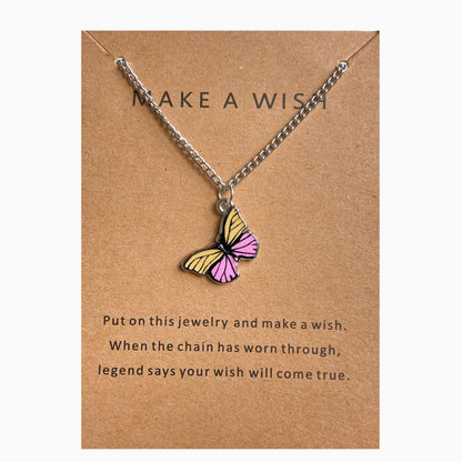Collar de aleación con forma de mariposa y tarjeta de papel con letras antiguas 