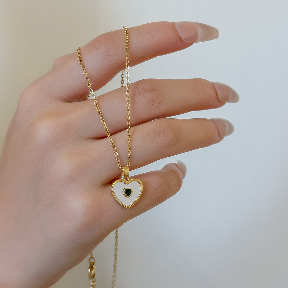 Women's Titanium-Steel Shell Pendant Collarbone Necklace with Green Gem Inlay