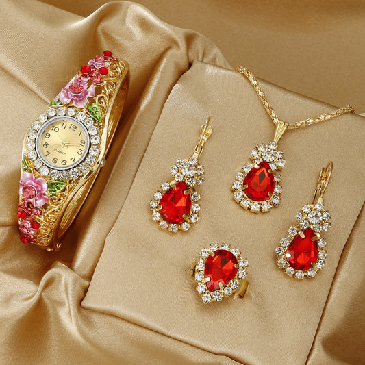 Three-dimensional flower oval bracelet watch set